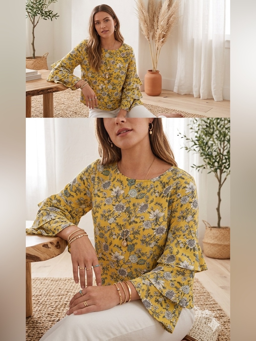 Passport Floral Layered Long Sleeve Yellow Blouse Back Zipper Size XL